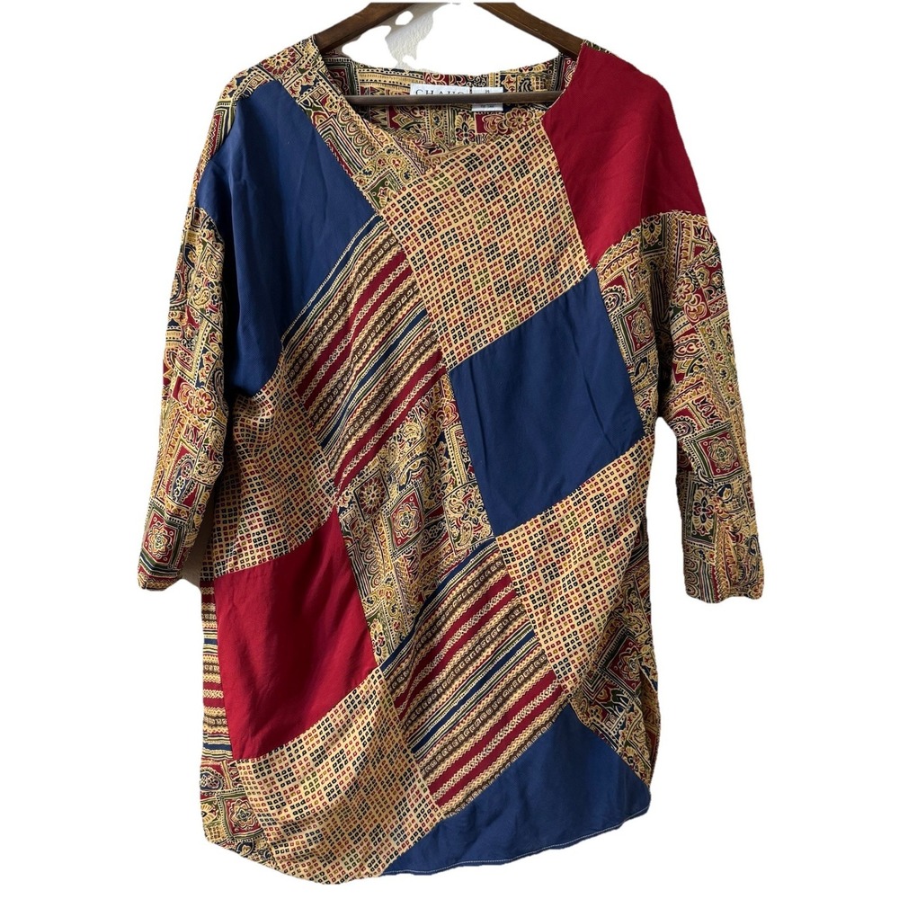 VTG Chaus 100% SILK Patchwork Shirt Tunic Top Size 14 Old Money Royal Artsy